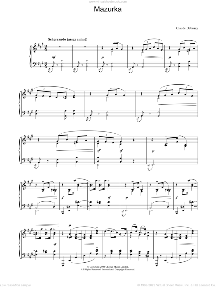 Mazurka sheet music for piano solo by Claude Debussy, classical score, intermediate skill level