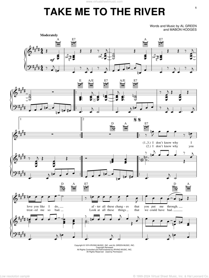 Take Me To The River sheet music for voice, piano or guitar by Al Green, Annie Lennox, Talking Heads and Mabon Hodges, intermediate skill level