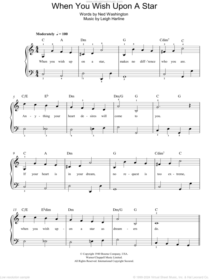 When You Wish Upon A Star (from Pinocchio) sheet music for piano solo by Cliff Edwards, Leigh Harline and Ned Washington, easy skill level