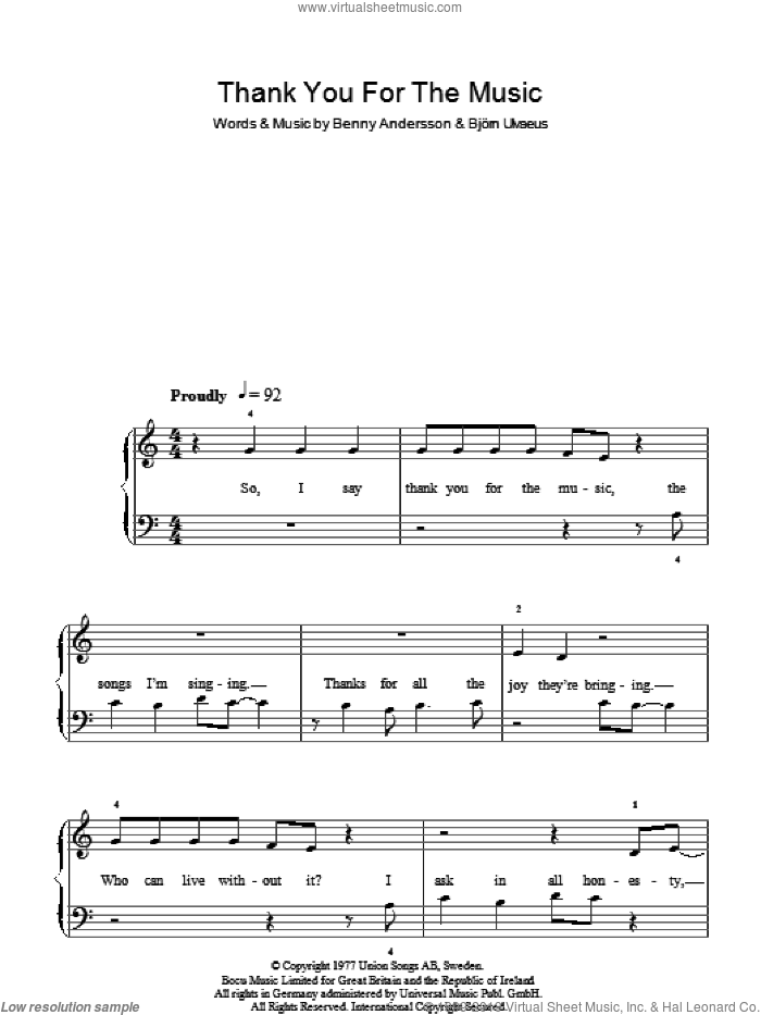 Thank You For The Music sheet music for piano solo by ABBA, Benny Andersson, Bjorn Ulvaeus and Miscellaneous, easy skill level