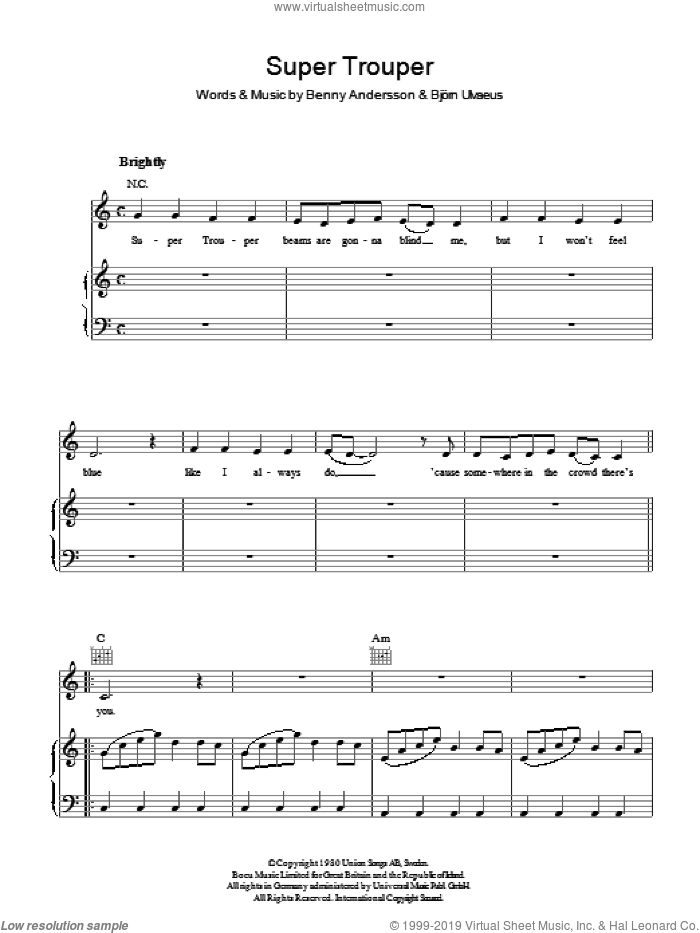 Super Trouper sheet music for voice, piano or guitar by ABBA, Benny Andersson, Bjorn Ulvaeus and Miscellaneous, intermediate skill level