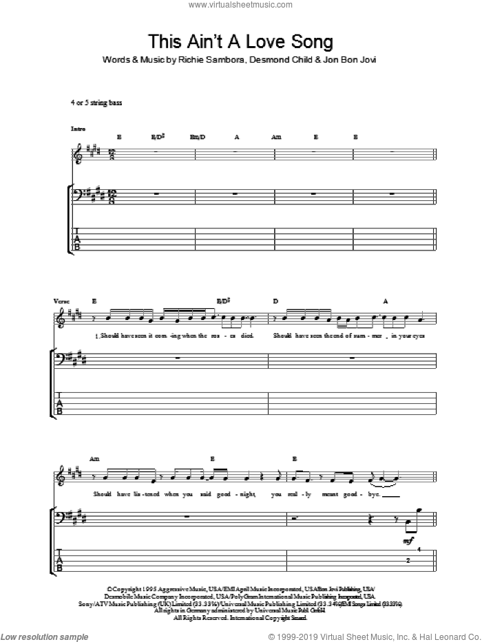 This Ain't A Love Song sheet music for bass (tablature) (bass guitar) by Bon Jovi, Desmond Child and Richie Sambora, intermediate skill level