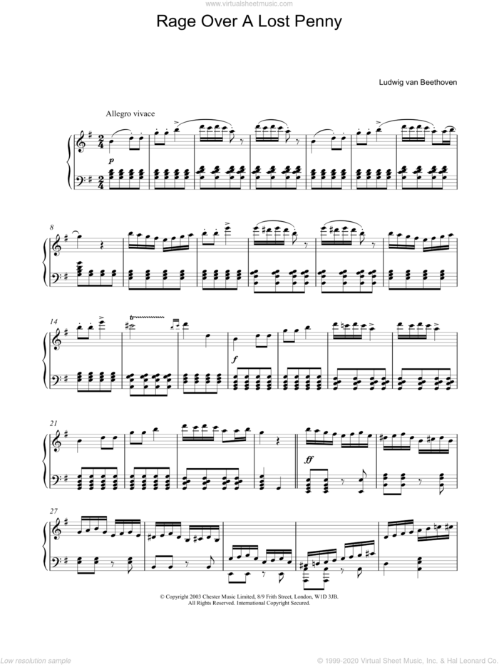 Rage Over A Lost Penny sheet music for piano solo by Ludwig van Beethoven, classical score, intermediate skill level