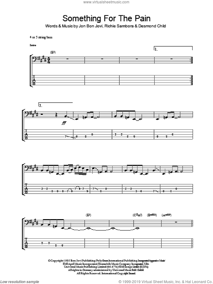 Something For The Pain sheet music for bass (tablature) (bass guitar) by Bon Jovi, Desmond Child and Richie Sambora, intermediate skill level