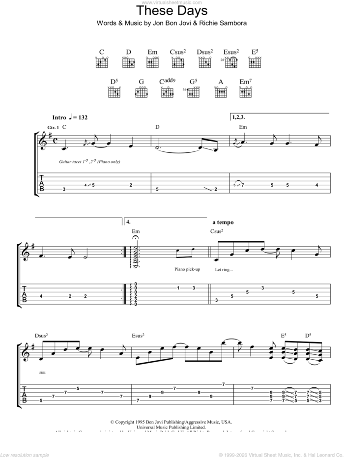 These Days sheet music for guitar (tablature) by Bon Jovi and Richie Sambora, intermediate skill level