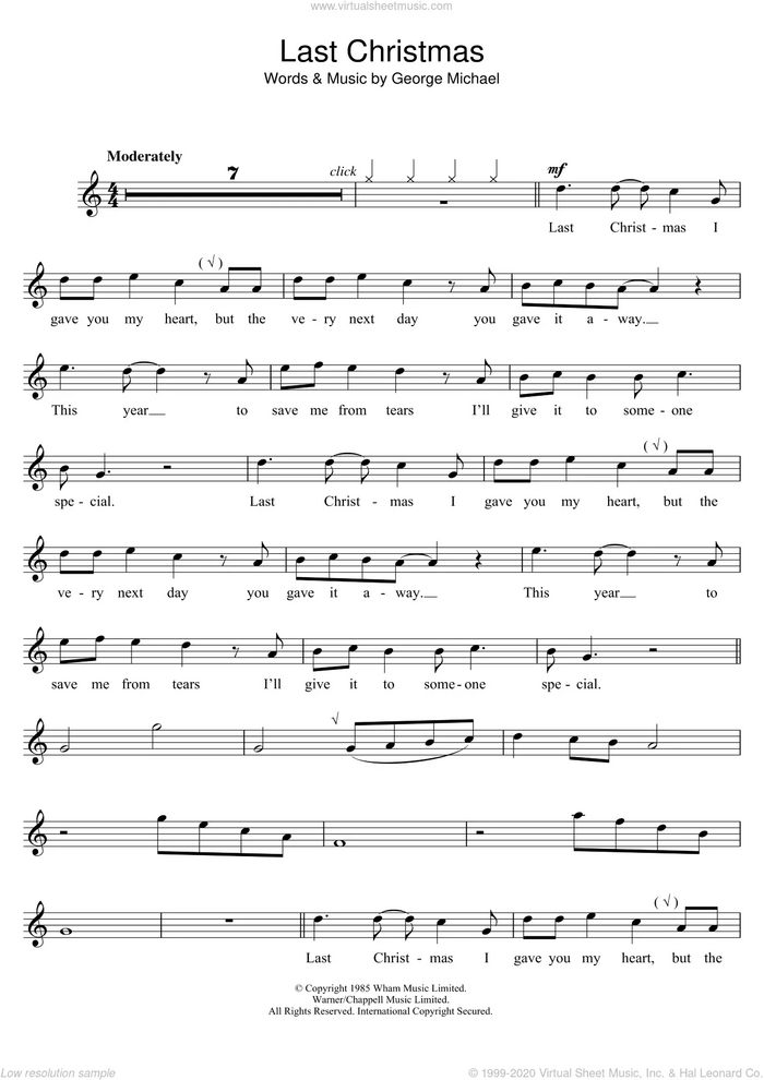 Last Christmas sheet music for voice and other instruments (fake book) by Wham! and George Michael, intermediate skill level