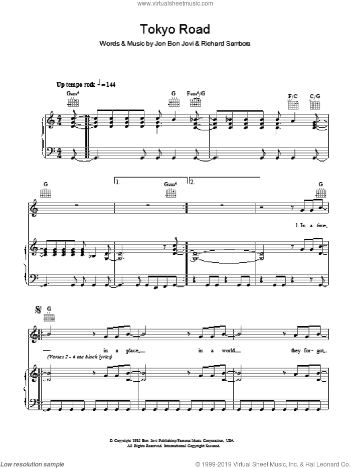 Tokyo Road sheet music for voice, piano or guitar by Bon Jovi and Richie Sambora, intermediate skill level