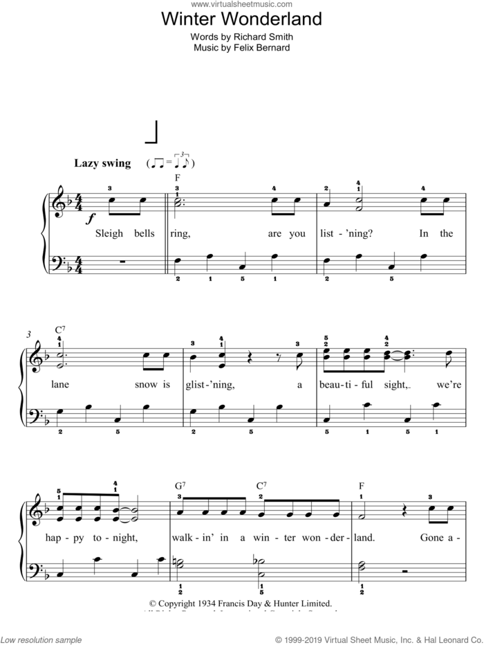 Winter Wonderland sheet music for piano solo by Richard Smith and Felix Bernard, easy skill level