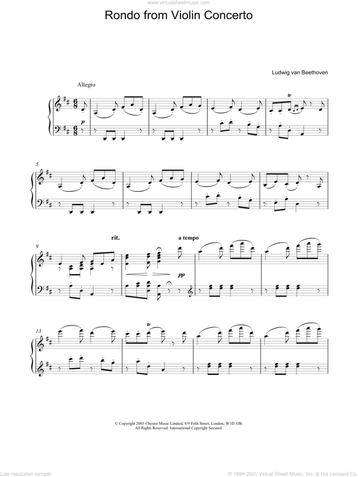 Rondo from Violin Concerto sheet music for piano solo by Ludwig van Beethoven, classical score, intermediate skill level