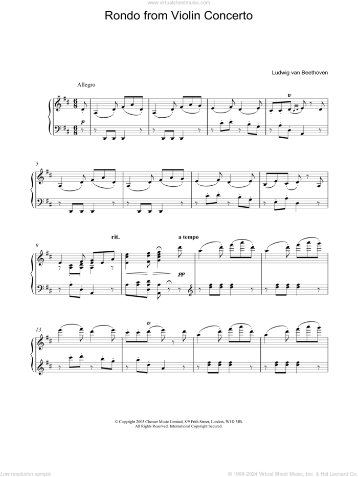 Rondo from Violin Concerto sheet music for piano solo by Ludwig van Beethoven, classical score, intermediate skill level