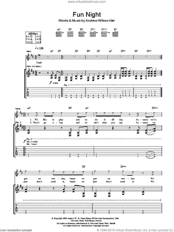 Fun Night sheet music for guitar (tablature) by Andrew W.K. and Andrew Wilkes-Krier, intermediate skill level