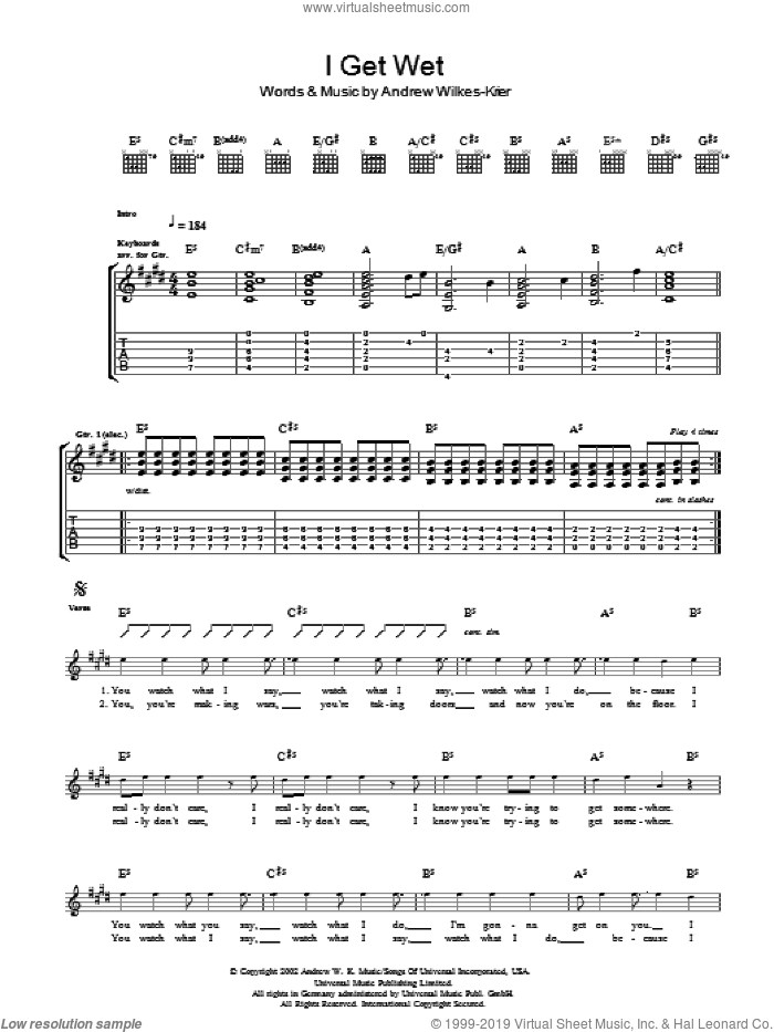 I Get Wet sheet music for guitar (tablature) by Andrew W.K. and Andrew Wilkes-Krier, intermediate skill level