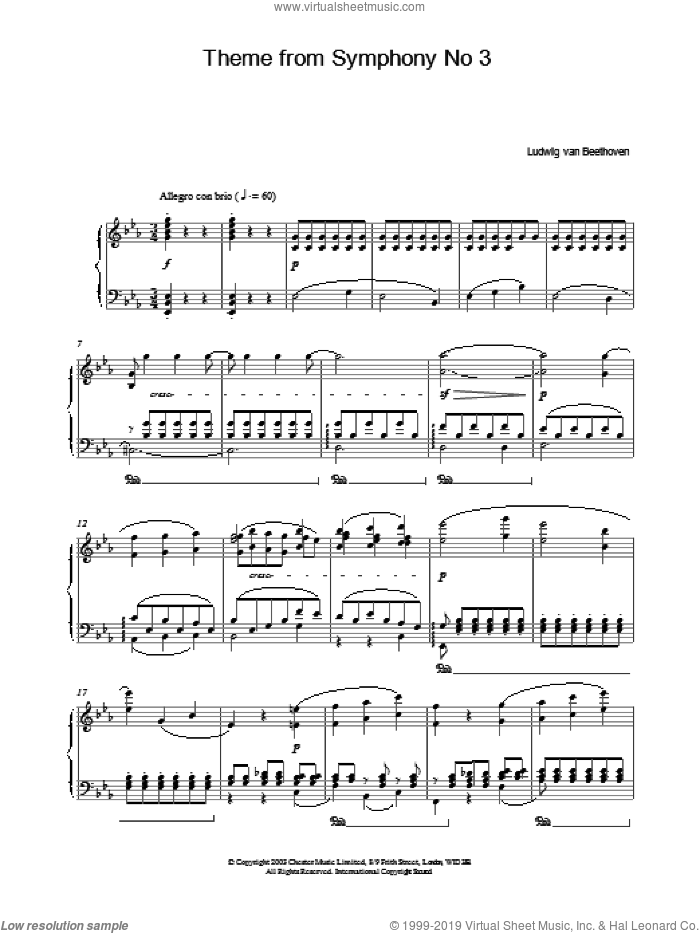 Theme From Symphony No. 3 sheet music for piano solo by Ludwig van Beethoven, classical score, intermediate skill level