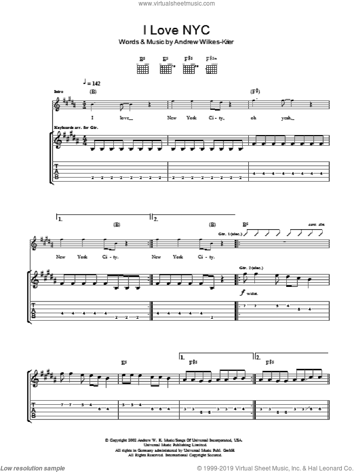 I Love NYC sheet music for guitar (tablature) by Andrew W.K. and Andrew Wilkes-Krier, intermediate skill level