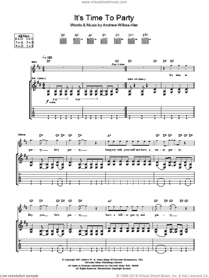 It's Time To Party sheet music for guitar (tablature) by Andrew W.K. and Andrew Wilkes-Krier, intermediate skill level