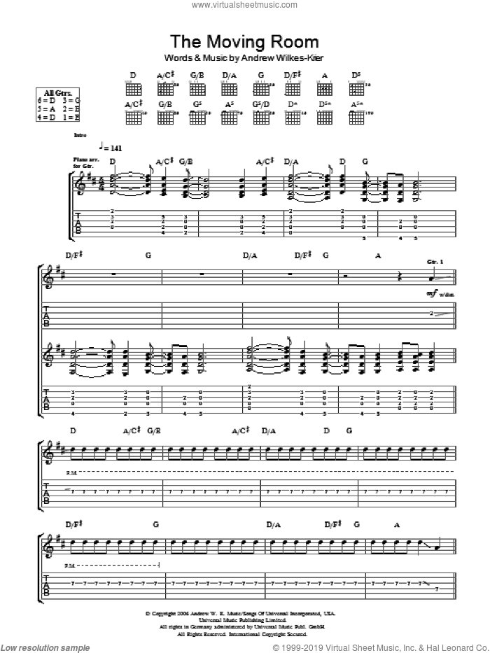 The Moving Room sheet music for guitar (tablature) by Andrew W.K. and Andrew Wilkes-Krier, intermediate skill level
