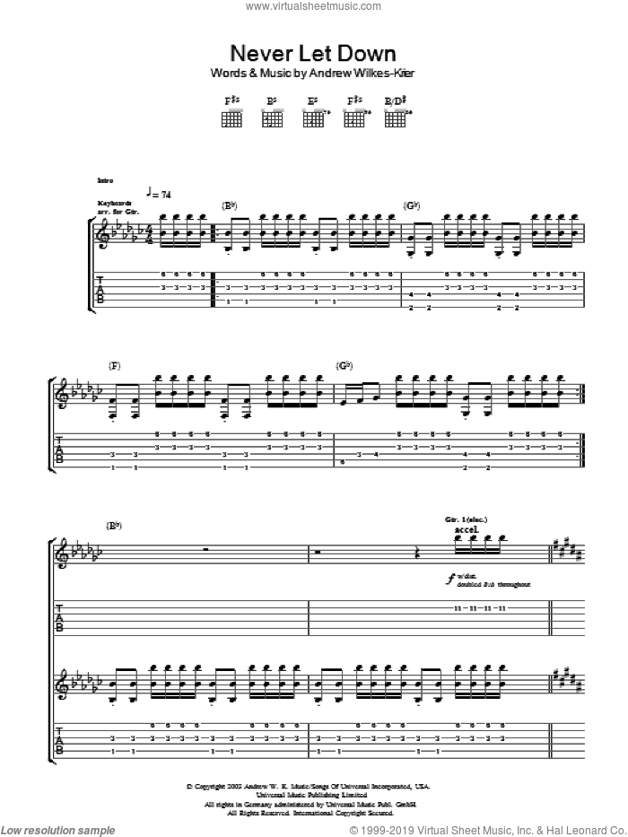 Never Let Down sheet music for guitar (tablature) by Andrew W.K. and Andrew Wilkes-Krier, intermediate skill level