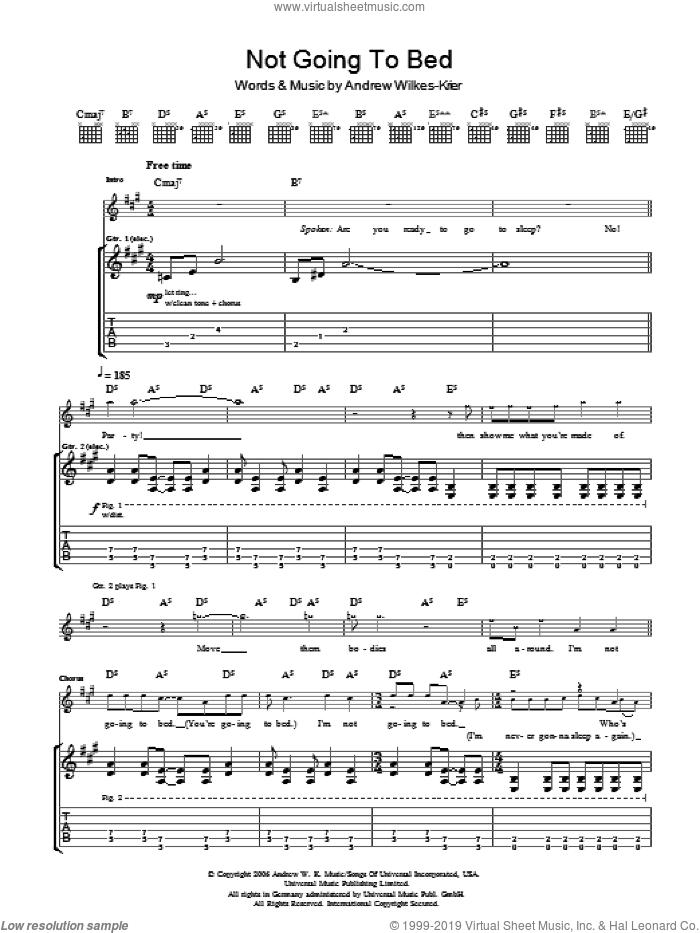 Not Going To Bed sheet music for guitar (tablature) by Andrew W.K. and Andrew Wilkes-Krier, intermediate skill level