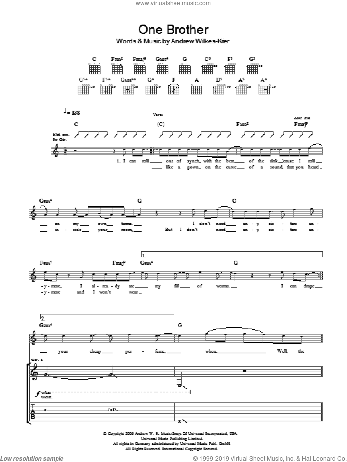 One Brother sheet music for guitar (tablature) by Andrew W.K. and Andrew Wilkes-Krier, intermediate skill level