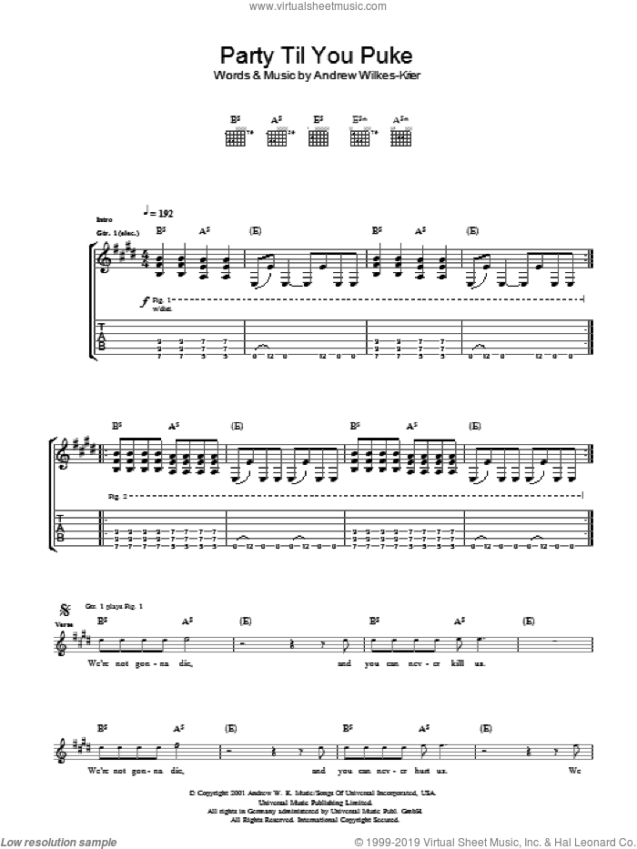 Party Til You Puke sheet music for guitar (tablature) by Andrew W.K. and Andrew Wilkes-Krier, intermediate skill level
