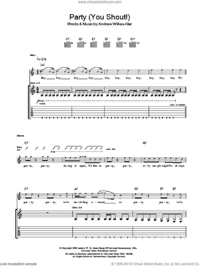 We Party (You Shout) sheet music for guitar (tablature) by Andrew W.K. and Andrew Wilkes-Krier, intermediate skill level