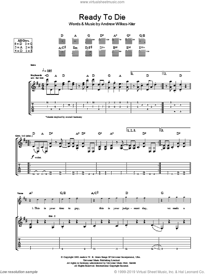 Ready To Die sheet music for guitar (tablature) by Andrew W.K. and Andrew Wilkes-Krier, intermediate skill level