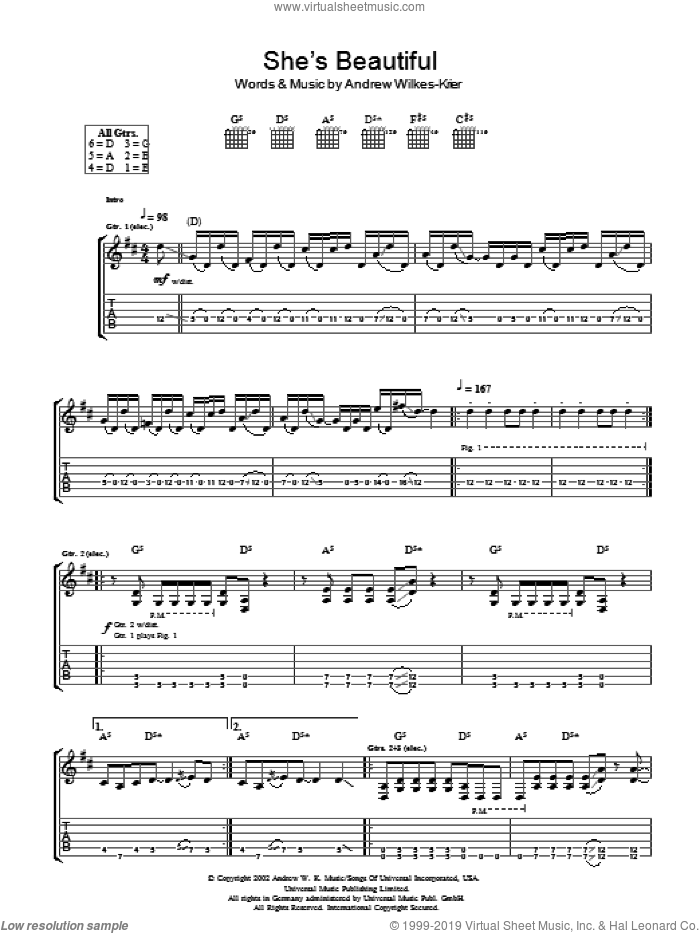 She Is Beautiful sheet music for guitar (tablature) by Andrew W.K. and Andrew Wilkes-Krier, intermediate skill level