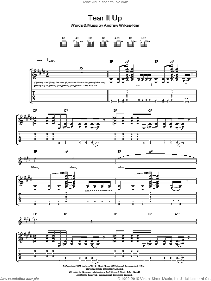 Tear It Up sheet music for guitar (tablature) by Andrew W.K. and Andrew Wilkes-Krier, intermediate skill level