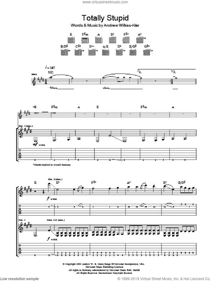 Totally Stupid sheet music for guitar (tablature) by Andrew W.K. and Andrew Wilkes-Krier, intermediate skill level