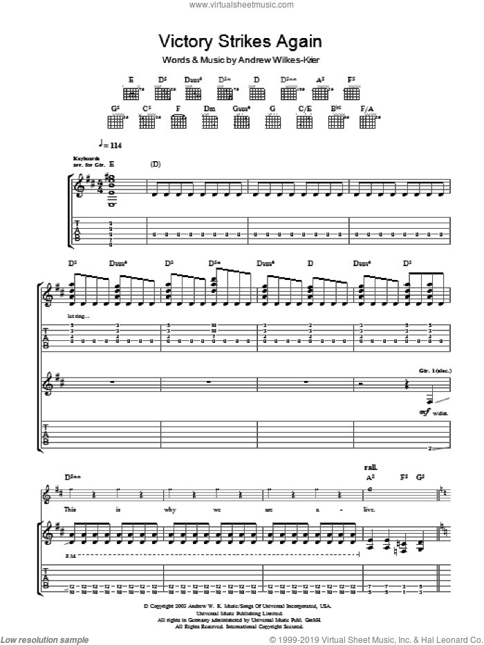 Victory Strikes Again sheet music for guitar (tablature) by Andrew W.K. and Andrew Wilkes-Krier, intermediate skill level