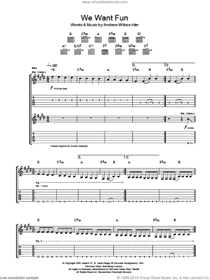 We Want Fun sheet music for guitar (tablature) by Andrew W.K. and Andrew Wilkes-Krier, intermediate skill level