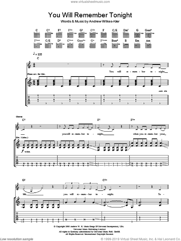 You Will Remember Tonight sheet music for guitar (tablature) by Andrew W.K. and Andrew Wilkes-Krier, intermediate skill level