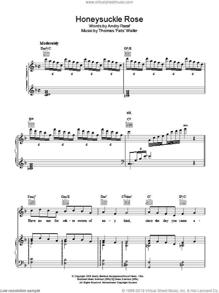 Honeysuckle Rose sheet music for voice, piano or guitar by Fats Waller, Thomas Waller and Andy Razaf, intermediate skill level
