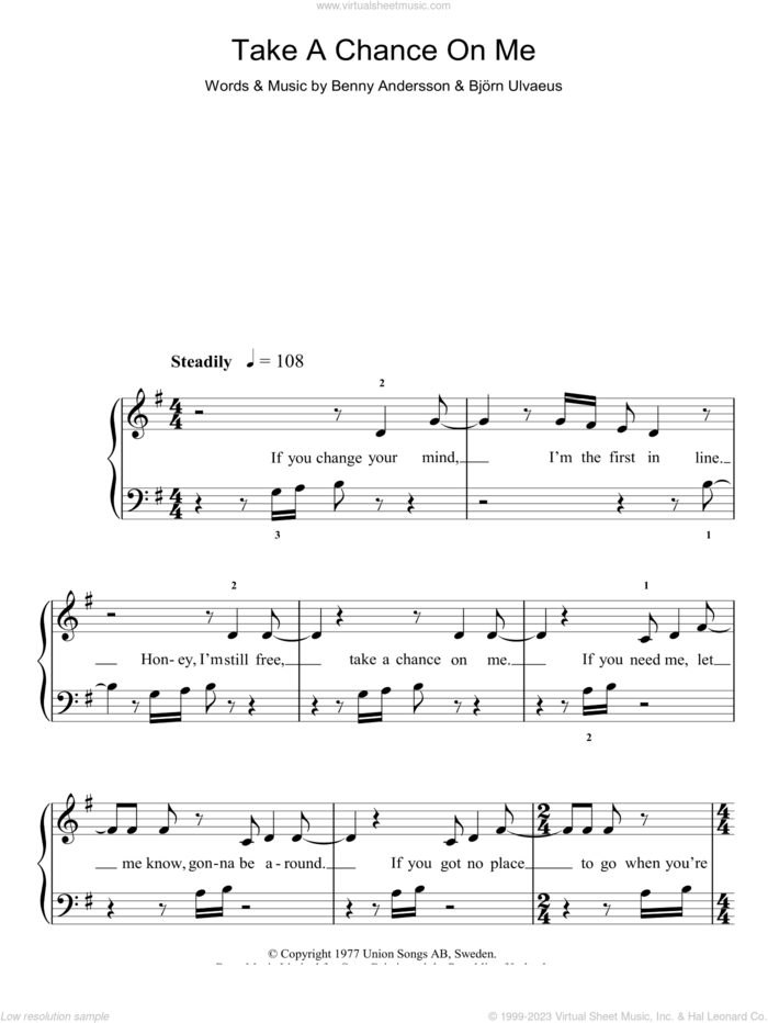 Take A Chance On Me sheet music for piano solo by ABBA, Benny Andersson, Bjorn Ulvaeus and Miscellaneous, easy skill level