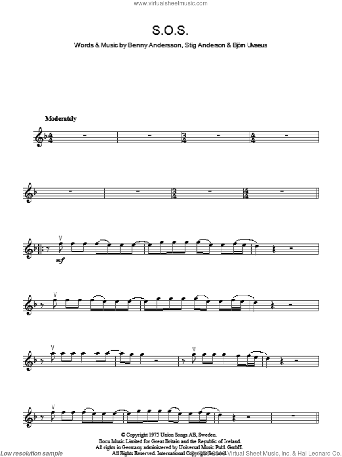 S.O.S. sheet music for voice and other instruments (fake book) by ABBA, Benny Andersson, Bjorn Ulvaeus and Stig Anderson, intermediate skill level