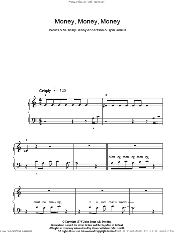 Money, Money, Money, (easy) sheet music for piano solo by ABBA, Benny Andersson and Bjorn Ulvaeus, easy skill level