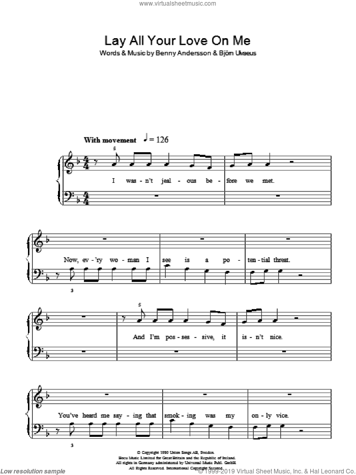 Lay All Your Love On Me sheet music for piano solo by ABBA, Benny Andersson and Bjorn Ulvaeus, easy skill level