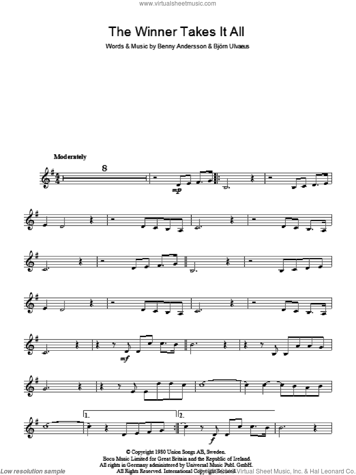 The Winner Takes It All sheet music for voice and other instruments (fake book) by ABBA, Benny Andersson and Bjorn Ulvaeus, intermediate skill level