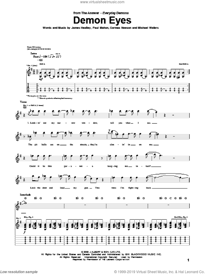 Demon Eyes sheet music for guitar (tablature) by The Answer, Cormac Neeson, James Heatley, Michael Waters and Paul Mahon, intermediate skill level