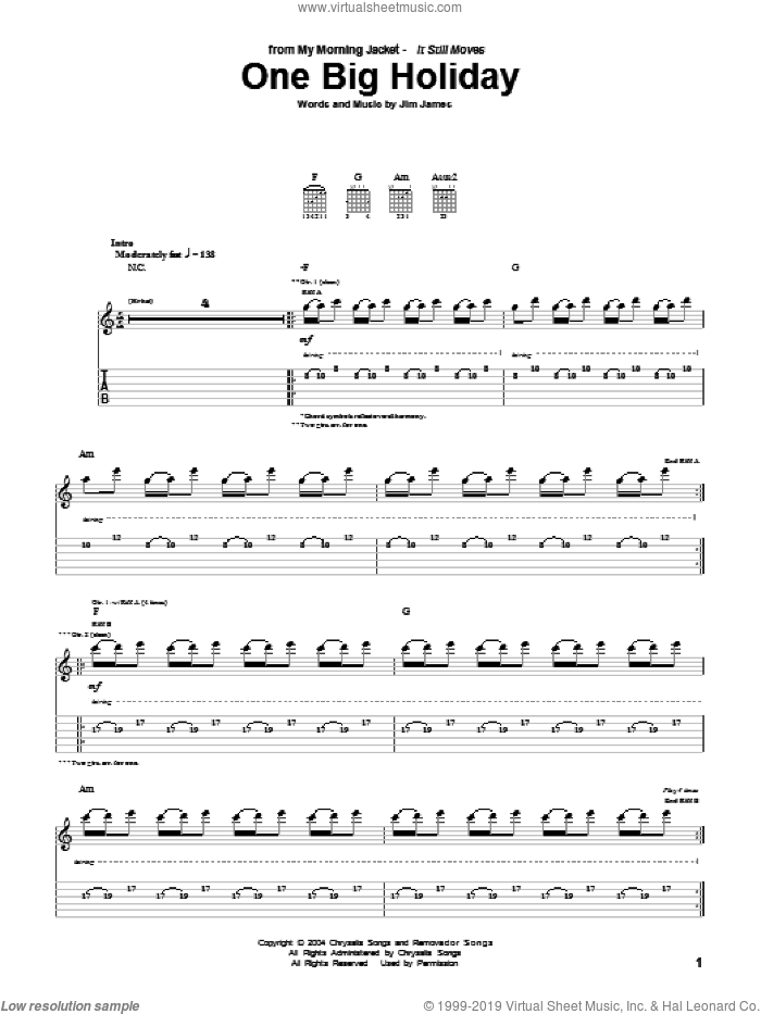 One Big Holiday sheet music for guitar (tablature) by My Morning Jacket and Jim James, intermediate skill level