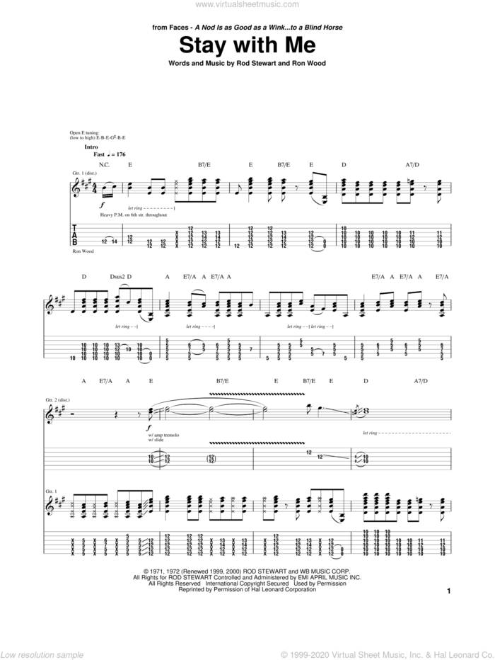 Stay With Me sheet music for guitar (tablature) by Faces, Rod Stewart and Ron Wood, intermediate skill level