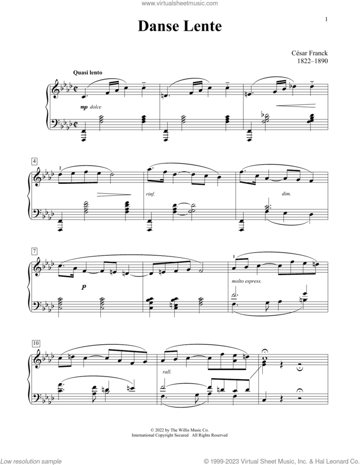 Danse Lente sheet music for piano solo (elementary) by Cesar Franck, Charmaine Siagian and Sonya Schumann, classical score, beginner piano (elementary)