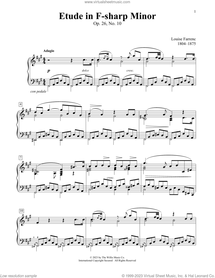 Etude In F-Sharp Minor, Op. 26, No. 10 sheet music for piano solo (elementary) by Louise Farrenc, Charmaine Siagian and Sonya Schumann, classical score, beginner piano (elementary)
