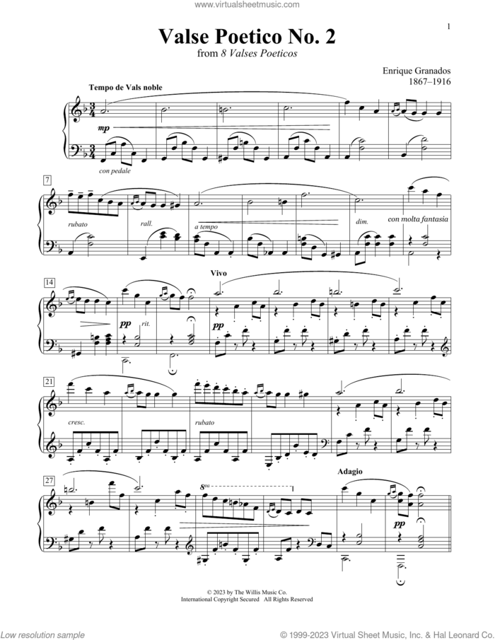 Valse Poetico No. 2 sheet music for piano solo (elementary) by Enrique Granados, Charmaine Siagian and Sonya Schumann, classical score, beginner piano (elementary)