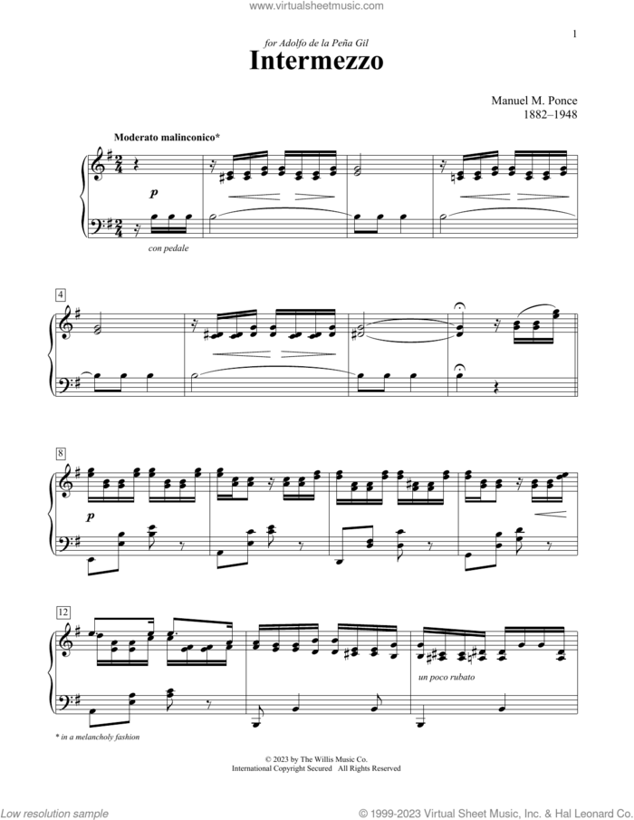 Intermezzo sheet music for piano solo (elementary) by Manuel Ponce, Charmaine Siagian and Sonya Schumann, classical score, beginner piano (elementary)