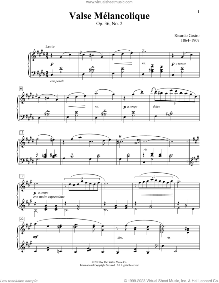 Valse Melancolique, Op. 36, No.2 sheet music for piano solo (elementary) by Ricardo Castro, Charmaine Siagian and Sonya Schumann, classical score, beginner piano (elementary)