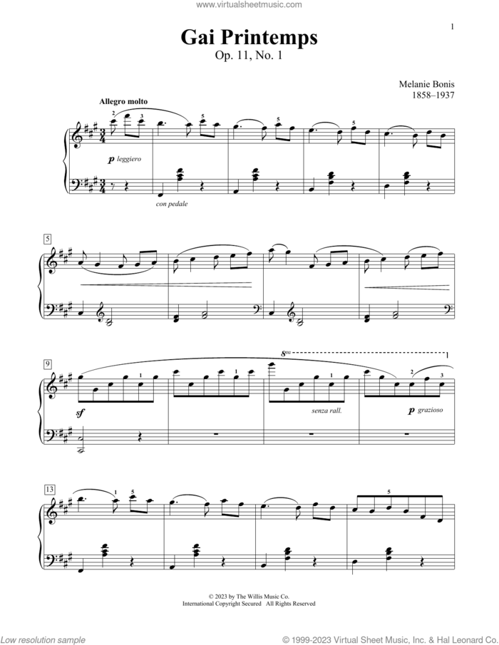 Gai Printemps, Op. 11, No. 1 sheet music for piano solo (elementary) by Melanie Bonis, Charmaine Siagian and Sonya Schumann, classical score, beginner piano (elementary)