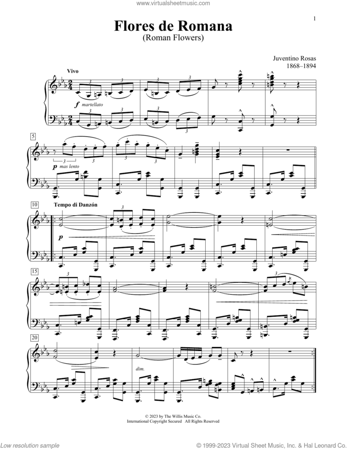 Flores De Romana sheet music for piano solo (elementary) by Juventino Rosas, Charmaine Siagian and Sonya Schumann, classical score, beginner piano (elementary)