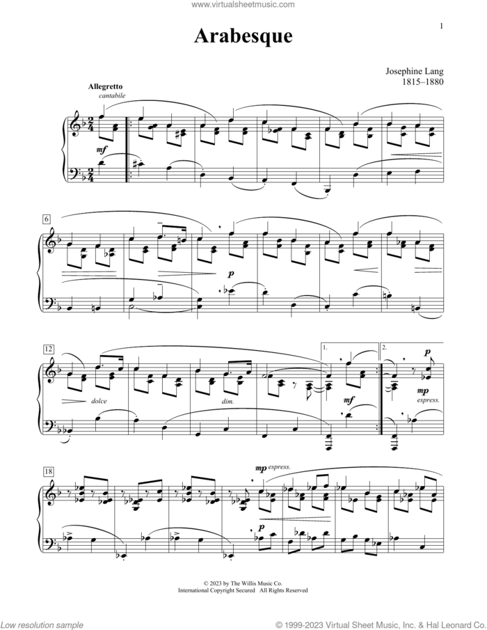 Arabesque sheet music for piano solo (elementary) by Josephine Lang, Charmaine Siagian and Sonya Schumann, classical score, beginner piano (elementary)