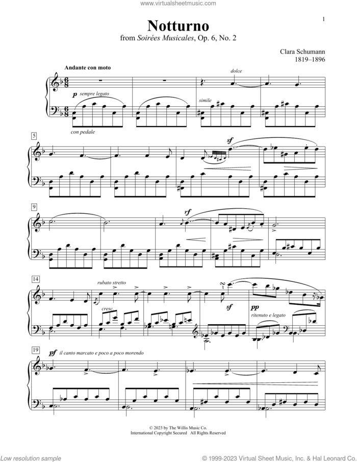 Notturno sheet music for piano solo (elementary) by Clara Schumann, Charmaine Siagian and Sonya Schumann, classical score, beginner piano (elementary)